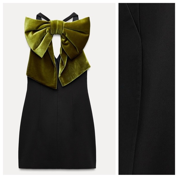 NWT. Zara Black Maxi Bow Velvet Short V-Neck Dress. Size M. - Picture 9 of 15